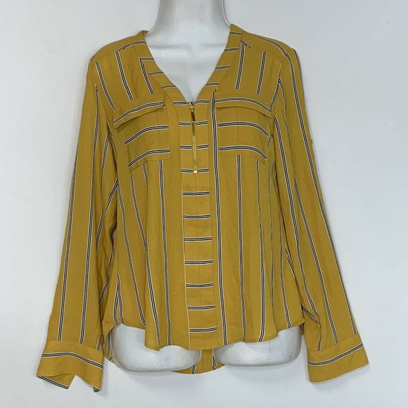 Express Women Blouse‎ Size XS Sunflower Yellow Striped Roll tab V Neck Pockets - Picture 1 of 10